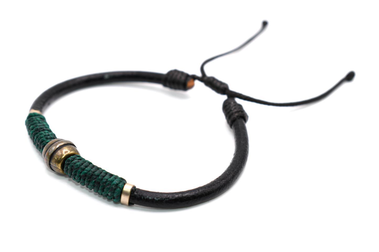 Black Leather Bracelet (Adjustable) Green String