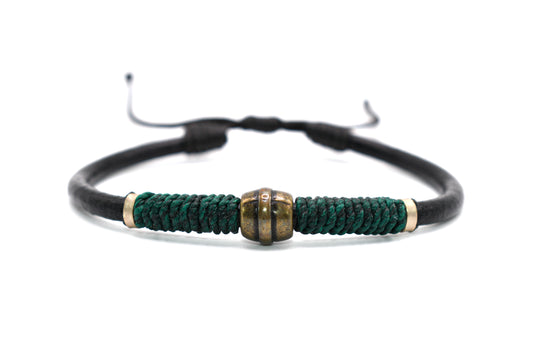 Black Leather Bracelet (Adjustable) Green String