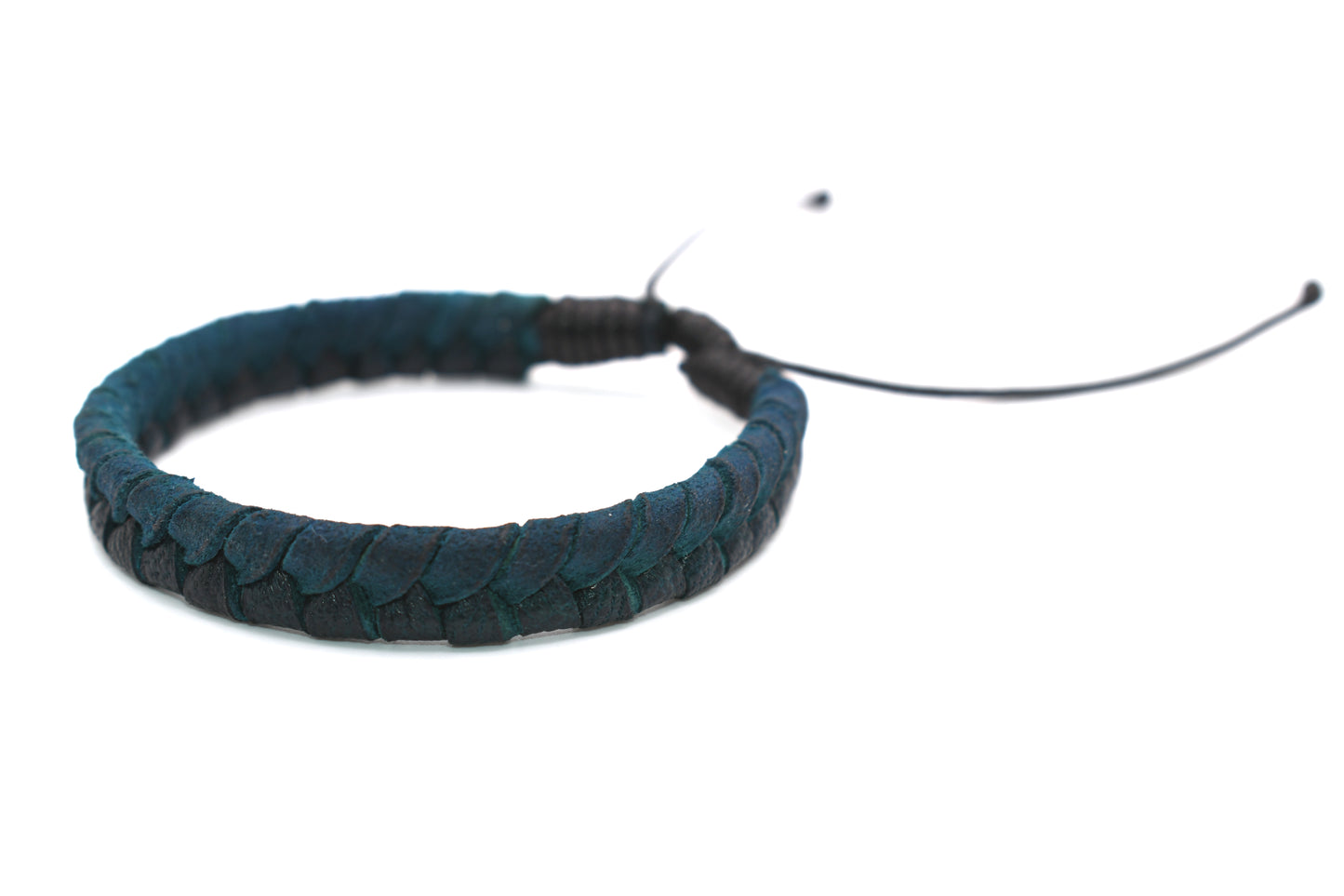 Blue Leather Bracelet (Adjustable) Flat Braided