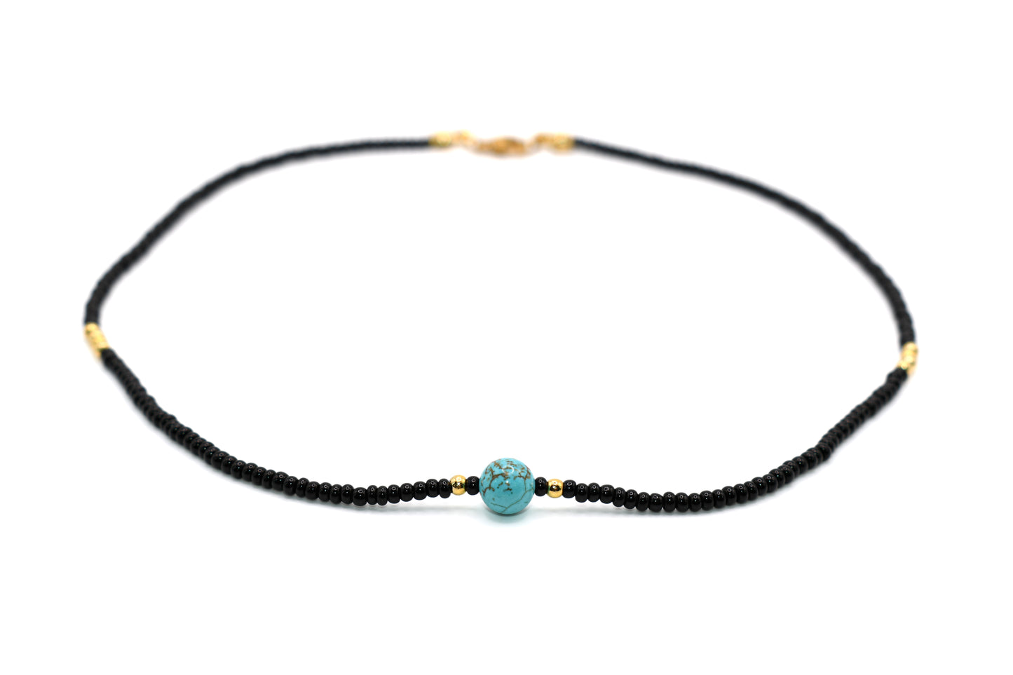 Exquisite Black Beaded Handmade Necklace with Pure Natural Turquoise Stone