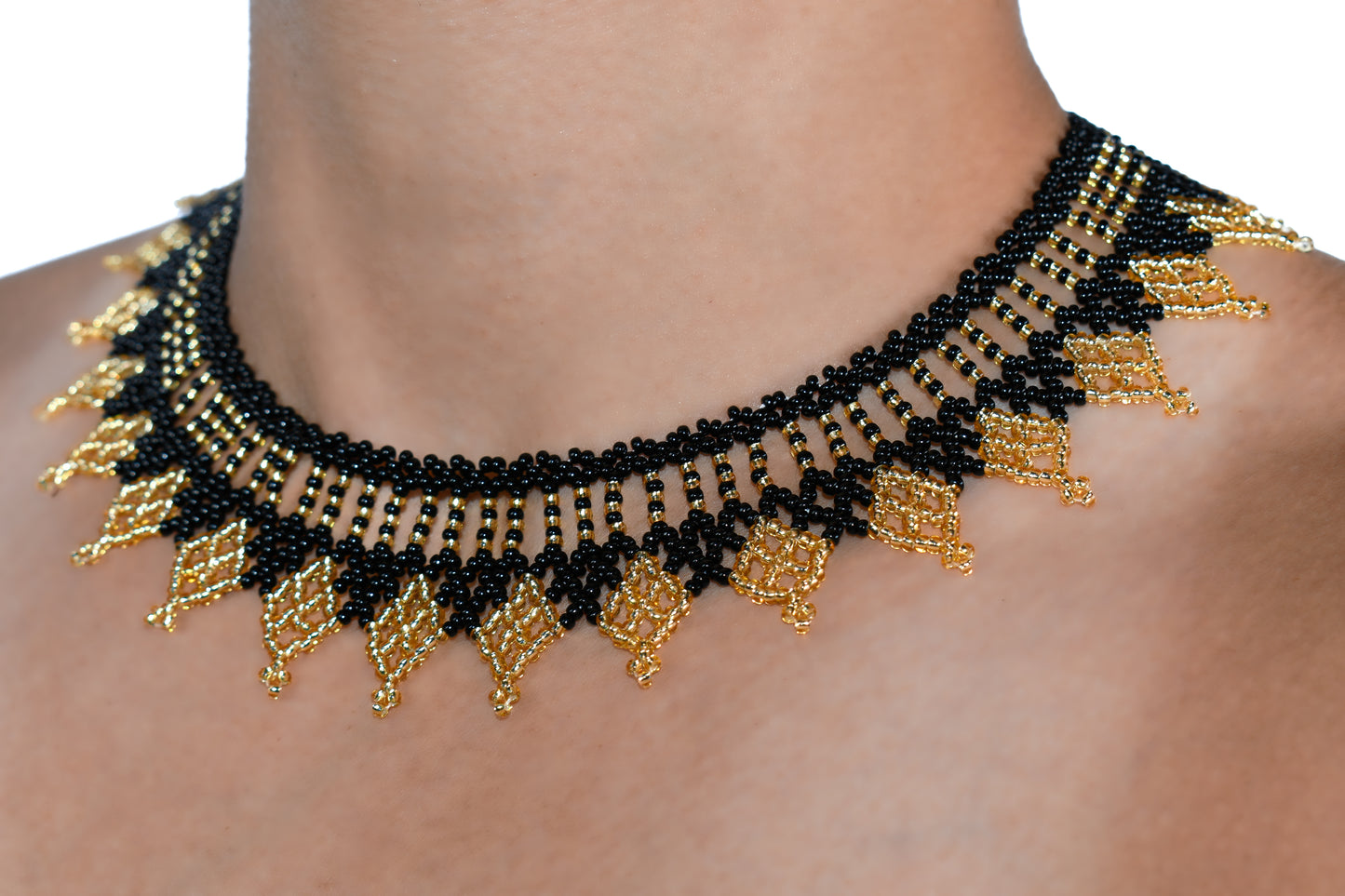 Black and Golden Czech Beaded Handmade Necklace | Elegant One-of-a-Kind Jewelry Masterpiece