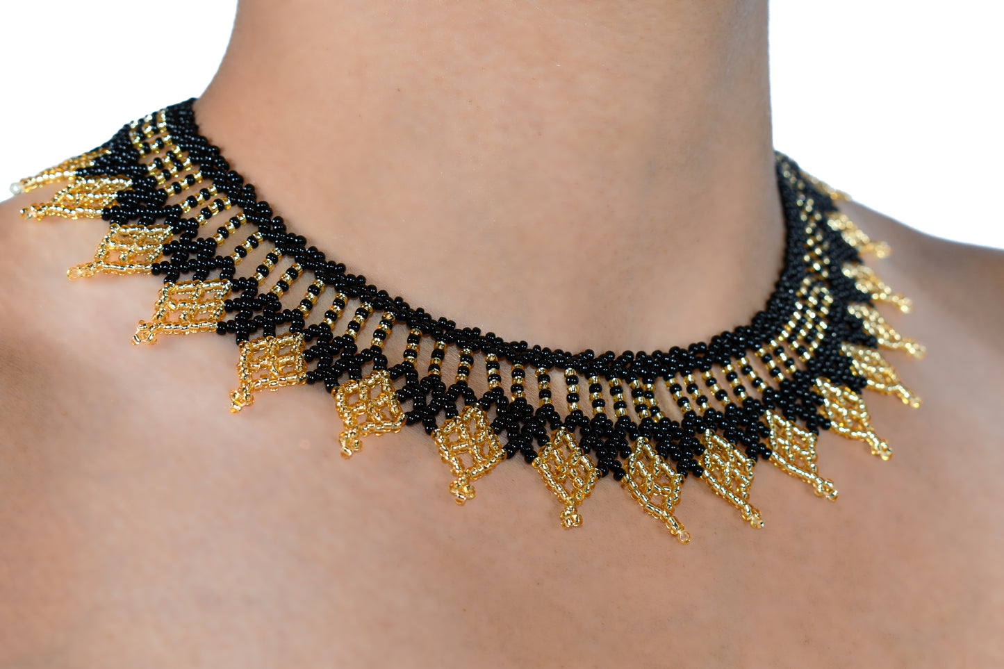 Black and Golden Czech Beaded Handmade Necklace | Elegant One-of-a-Kind Jewelry Masterpiece