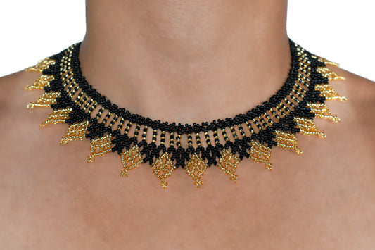 Black and Golden Czech Beaded Handmade Necklace | Elegant One-of-a-Kind Jewelry Masterpiece