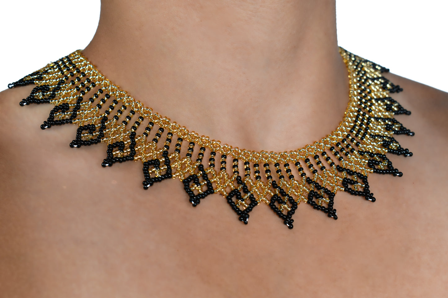 Golden and Black Czech Beaded Handmade Necklace | One-of-a-Kind Jewelry Masterpiece