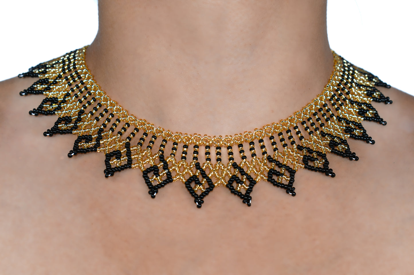 Golden and Black Czech Beaded Handmade Necklace | One-of-a-Kind Jewelry Masterpiece