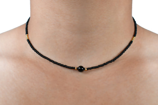 Exquisite Black Beaded Handmade Necklace with Pure Natural Onyx Stone