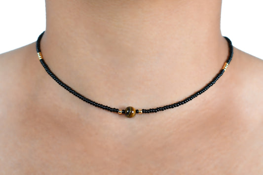 Exquisite Handmade Black Beaded Necklace with Pure Natural Tiger's Eye Stone