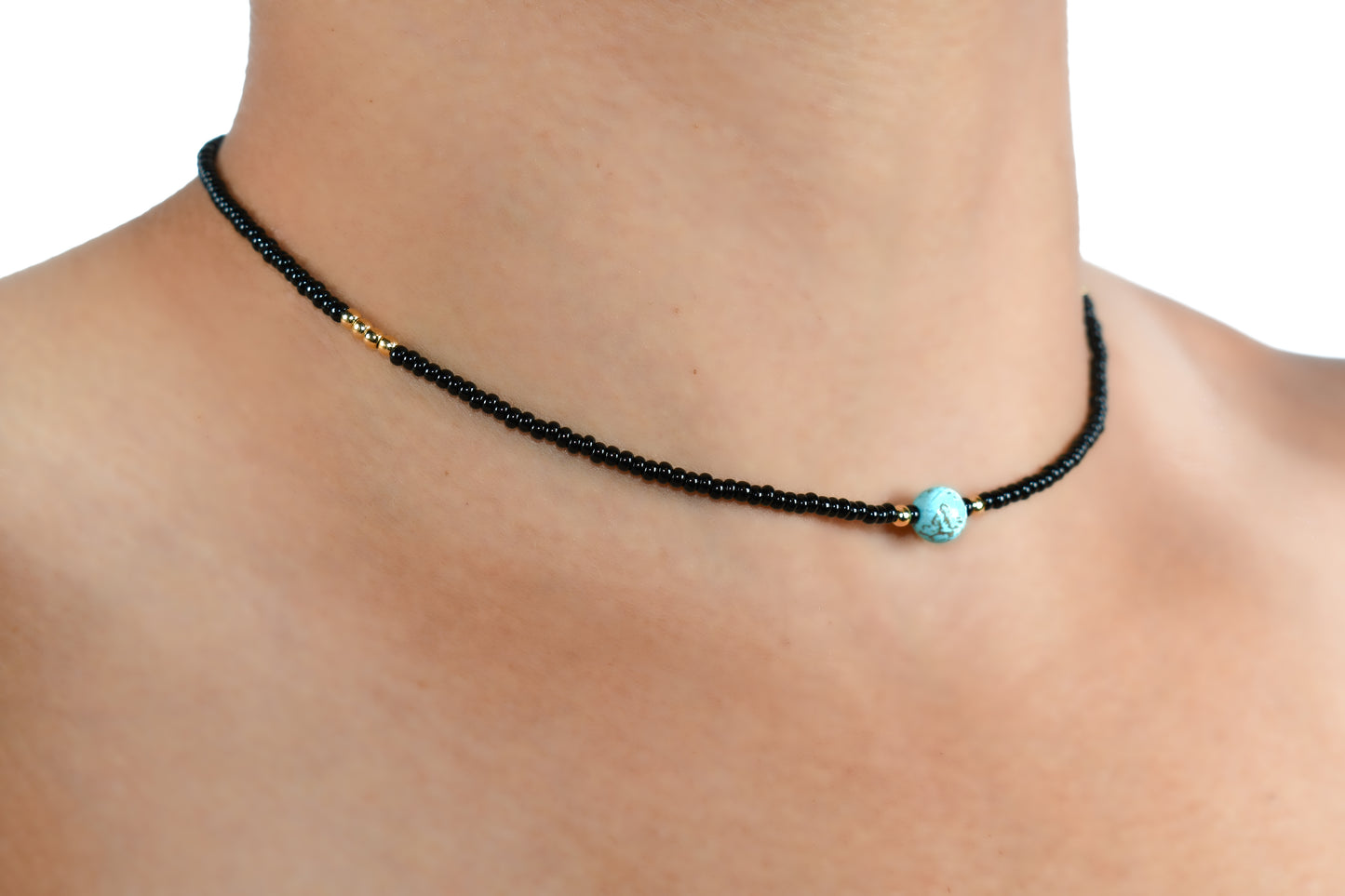 Exquisite Black Beaded Handmade Necklace with Pure Natural Turquoise Stone