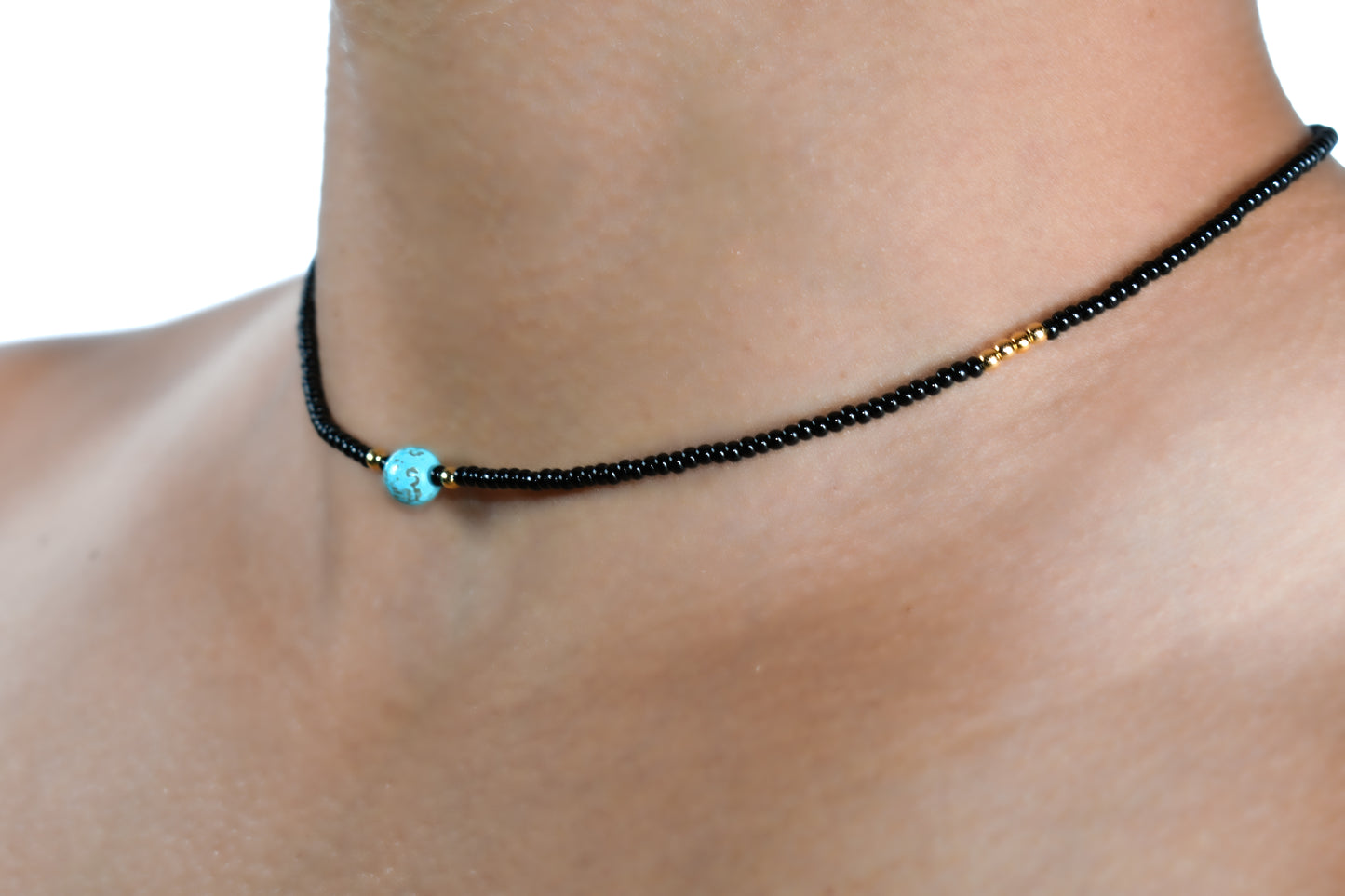 Exquisite Black Beaded Handmade Necklace with Pure Natural Turquoise Stone