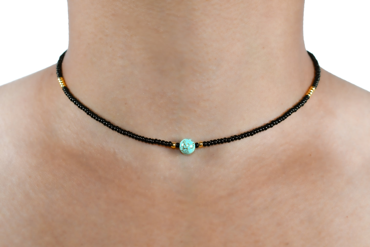 Exquisite Black Beaded Handmade Necklace with Pure Natural Turquoise Stone