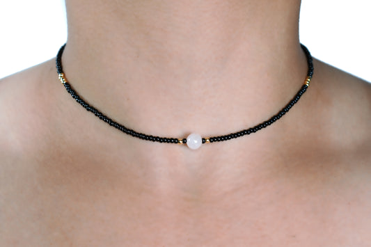 Exquisite Black Beaded Handmade Necklace with Pure Natural Rose Quartz Stone