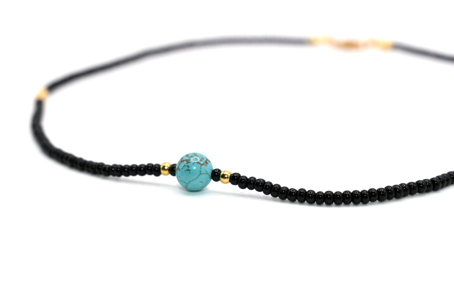 Exquisite Black Beaded Handmade Necklace with Pure Natural Turquoise Stone