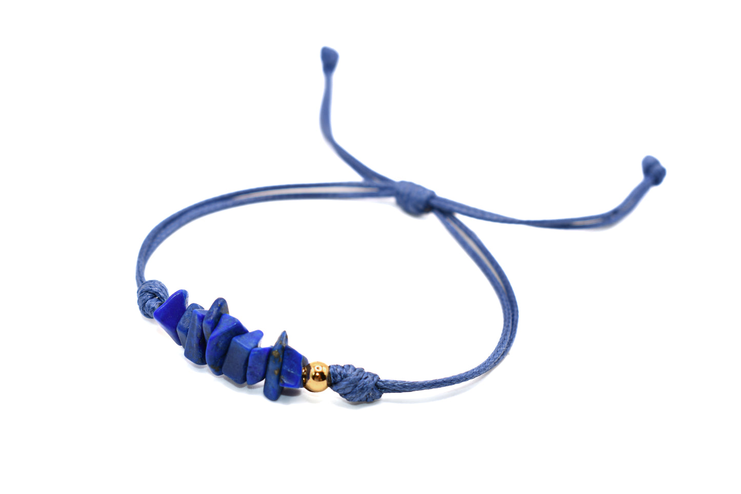 Crushed Lapis Lazuli Natural Stone Adorned with Gold Plated Accents on a Blue String Handmade Bracelet | Adjustable and Healing