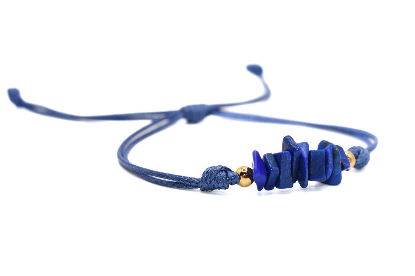 Crushed Lapis Lazuli Natural Stone Adorned with Gold Plated Accents on a Blue String Handmade Bracelet | Adjustable and Healing