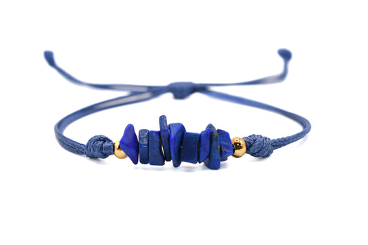 Crushed Lapis Lazuli Natural Stone Adorned with Gold Plated Accents on a Blue String Handmade Bracelet | Adjustable and Healing