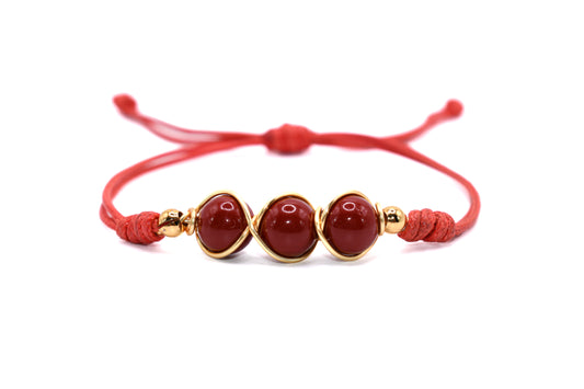 Trio Carnelian Natural Stone Adorned with Gold Plated Accents on a Red String Handmade Bracelet | Adjustable and Healing