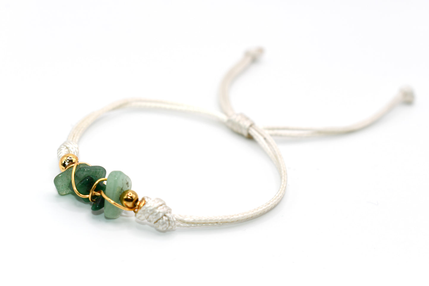 Crushed Green Jade Natural Stone Adorned with Gold Plated Accents on a White String Handmade Bracelet | Adjustable and Healing