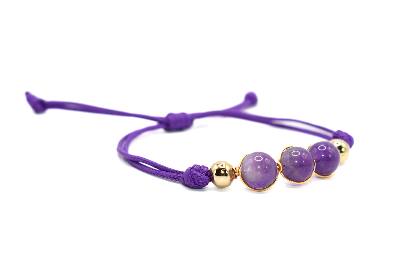 Trio Amethyst Natural Stone Adorned with Gold Plated Accents on a Purple String Handmade Bracelet | Adjustable and Healing