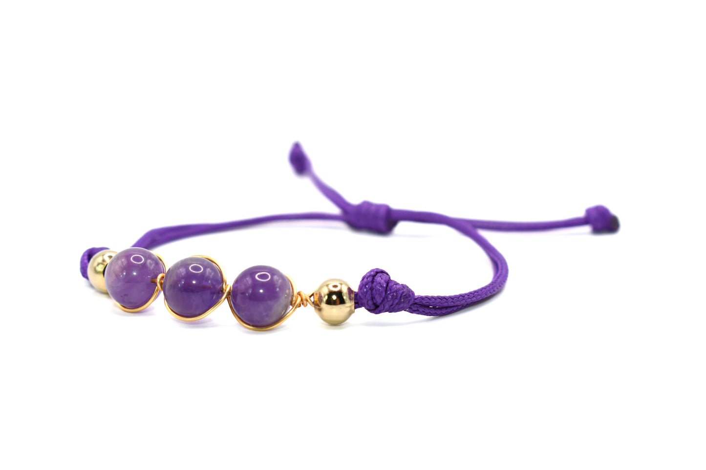 Trio Amethyst Natural Stone Adorned with Gold Plated Accents on a Purple String Handmade Bracelet | Adjustable and Healing