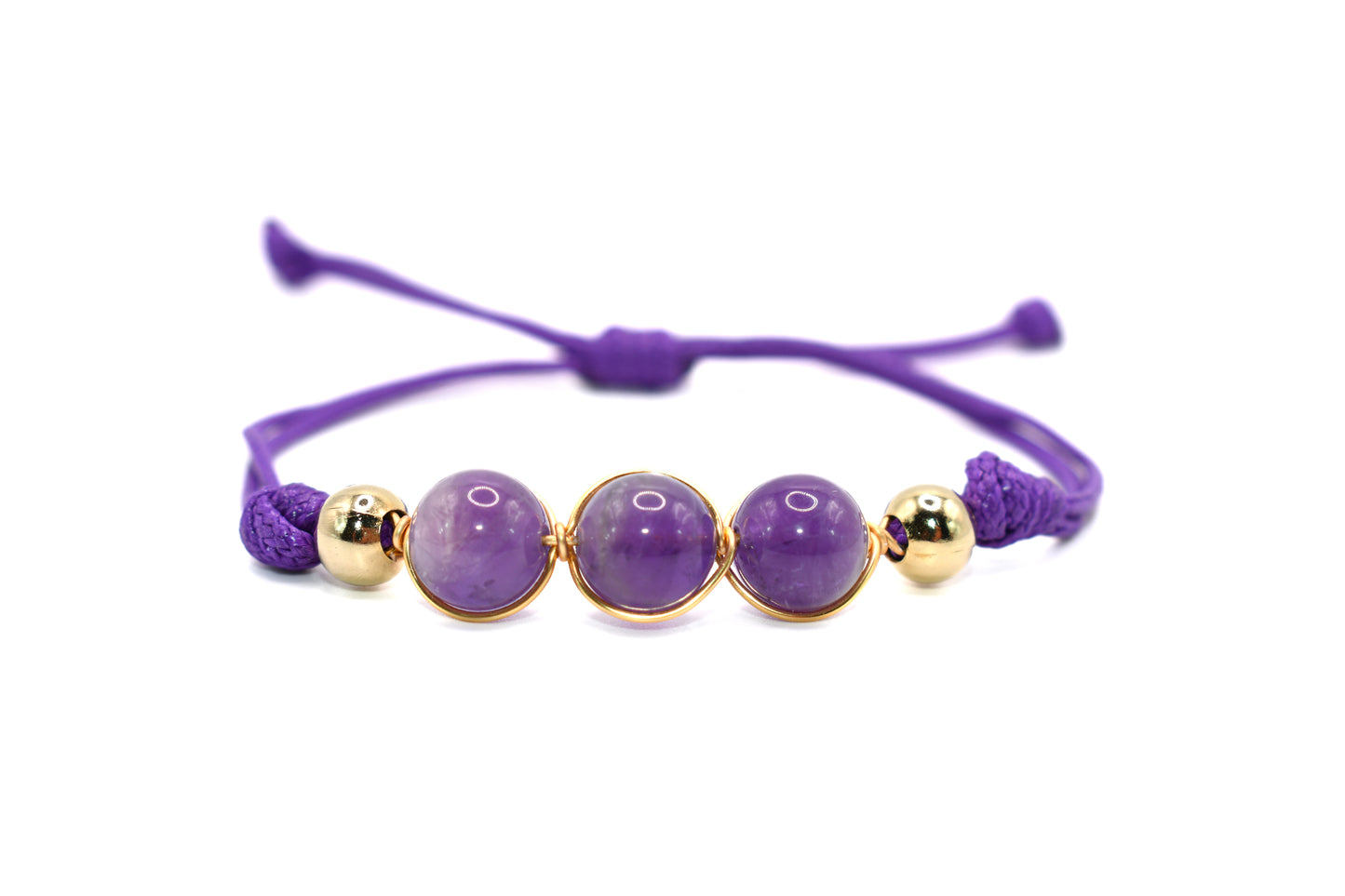 Trio Amethyst Natural Stone Adorned with Gold Plated Accents on a Purple String Handmade Bracelet | Adjustable and Healing