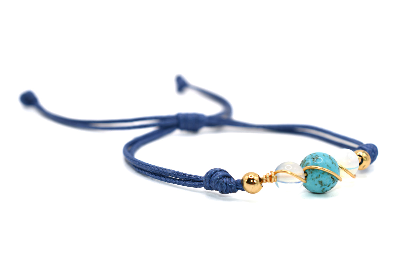 Turquoise with Double Clear Quartz Natural Stone Adorned with Gold Plated Accents on a Blue String Handmade Bracelet | Adjustable and Healing