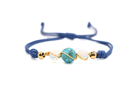 Turquoise with Double Clear Quartz Natural Stone Adorned with Gold Plated Accents on a Blue String Handmade Bracelet | Adjustable and Healing