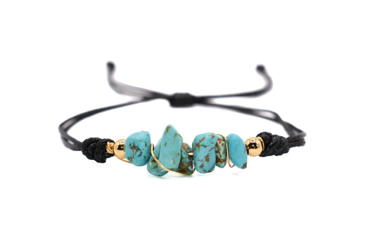 Crushed Turquoise Natural Stone Adorned with Gold Plated Accents on a Black String Handmade Bracelet | Adjustable and Healing