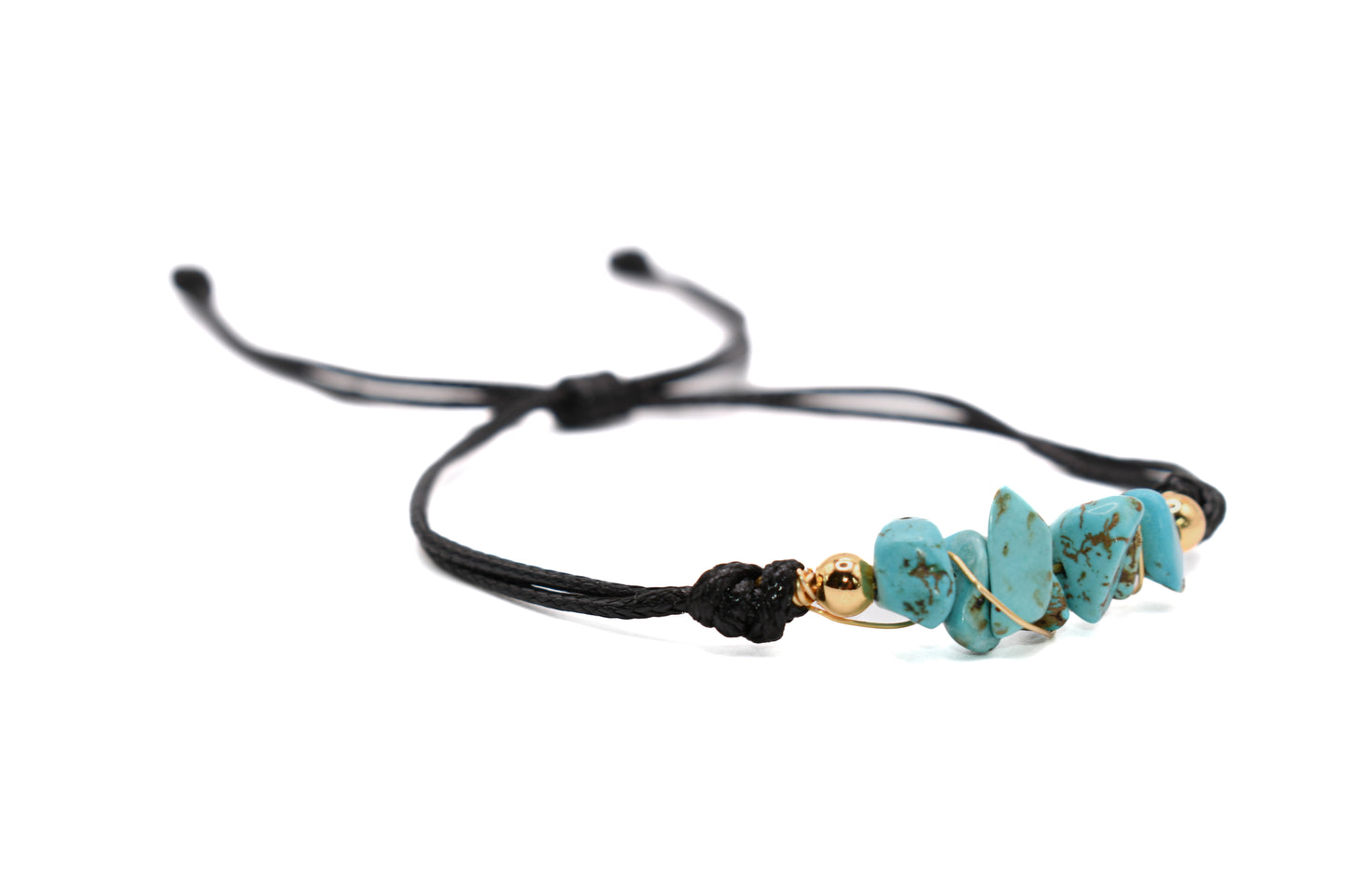 Crushed Turquoise Natural Stone Adorned with Gold Plated Accents on a Black String Handmade Bracelet | Adjustable and Healing