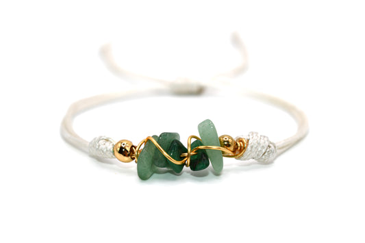 Crushed Green Jade Natural Stone Adorned with Gold Plated Accents on a White String Handmade Bracelet | Adjustable and Healing