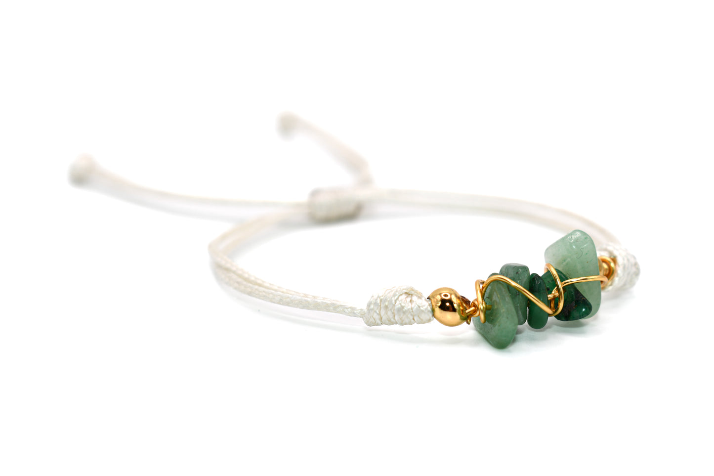 Crushed Green Jade Natural Stone Adorned with Gold Plated Accents on a White String Handmade Bracelet | Adjustable and Healing