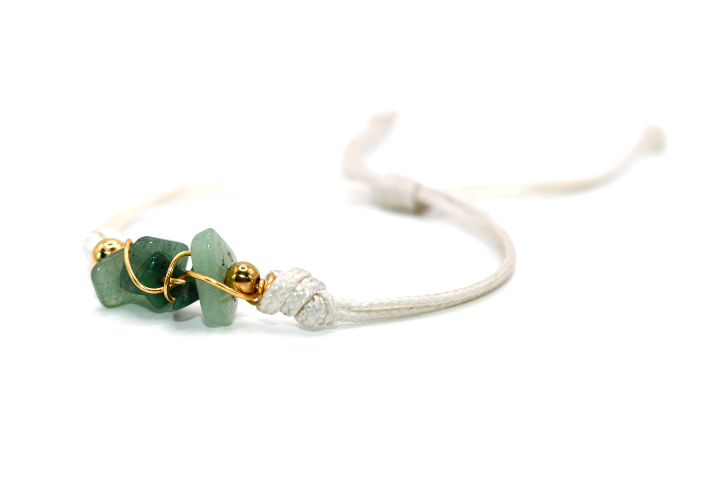 Crushed Green Jade Natural Stone Adorned with Gold Plated Accents on a White String Handmade Bracelet | Adjustable and Healing