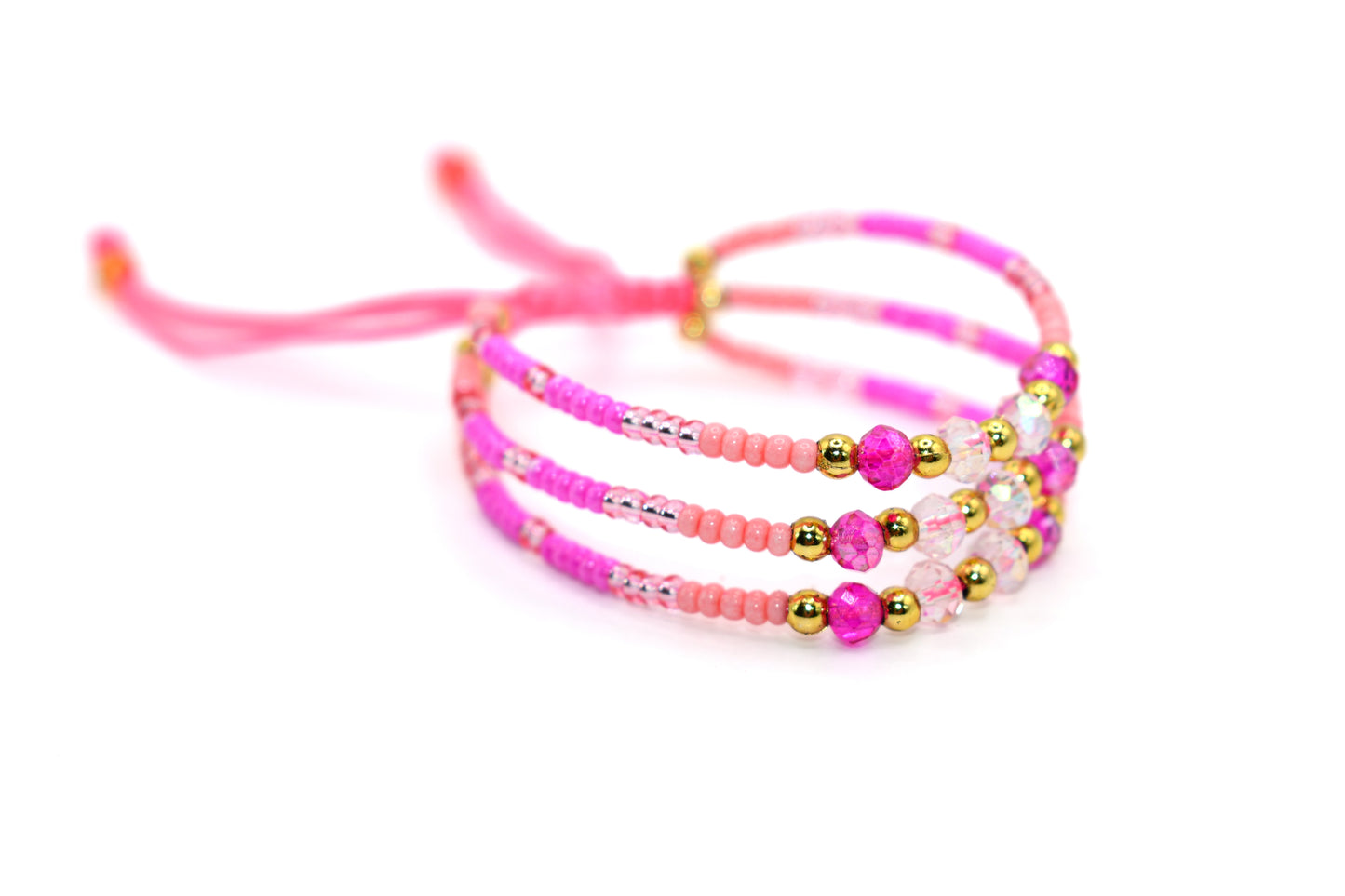 Trio Pink, Transparent Pink, Hot Pink, and Golden Handmade Bracelet