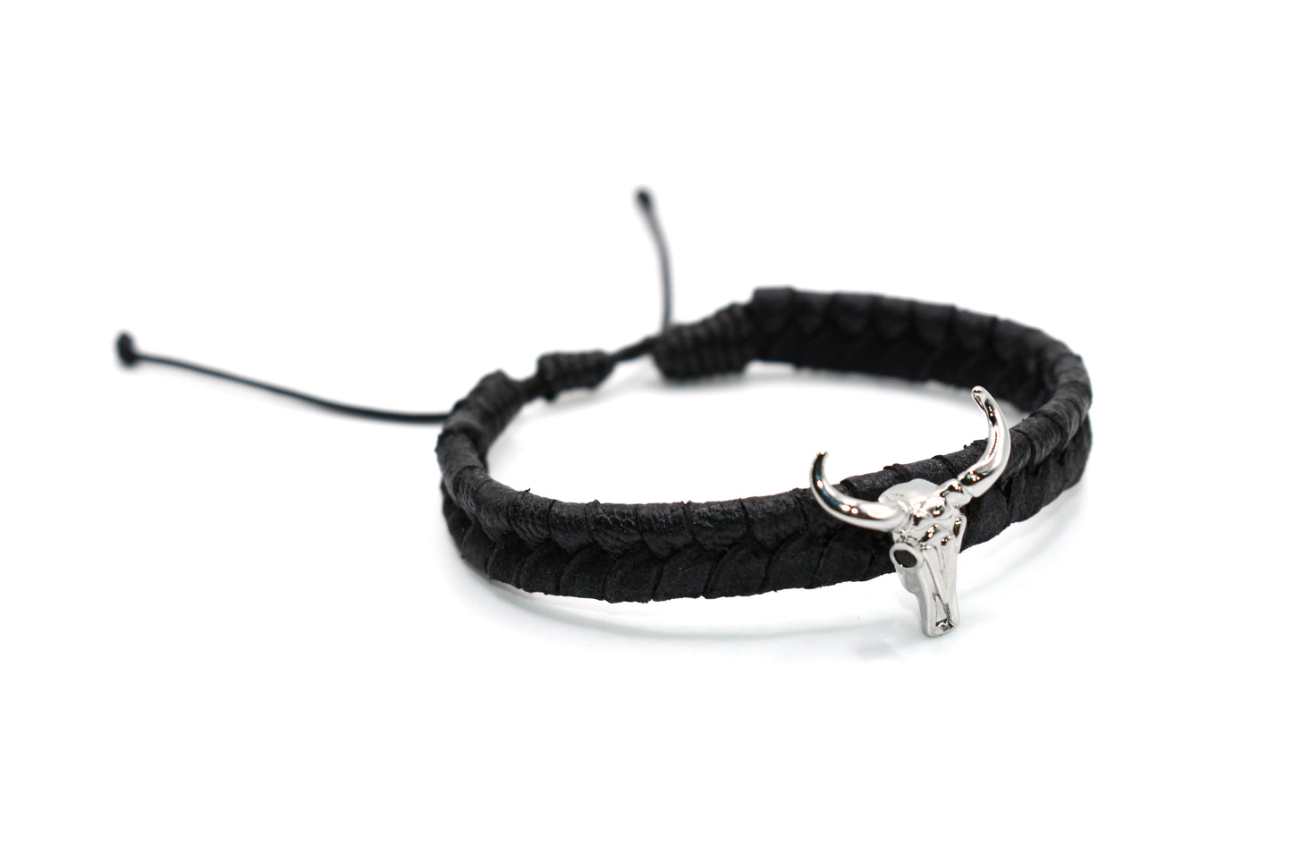 Black Genuine Leather Braided with Bison Skull Charm Adjustable Bracelet