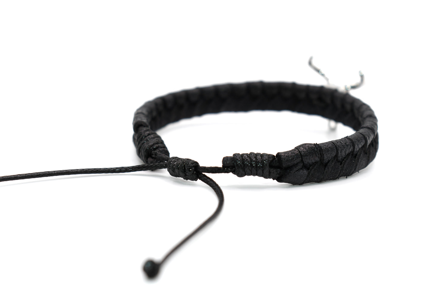 Black Genuine Leather Braided with Bison Skull Charm Adjustable Bracelet