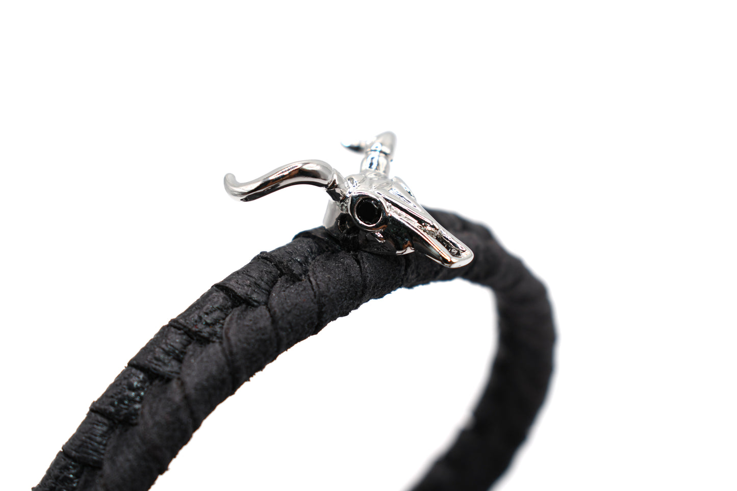 Black Genuine Leather Braided with Bison Skull Charm Adjustable Bracelet