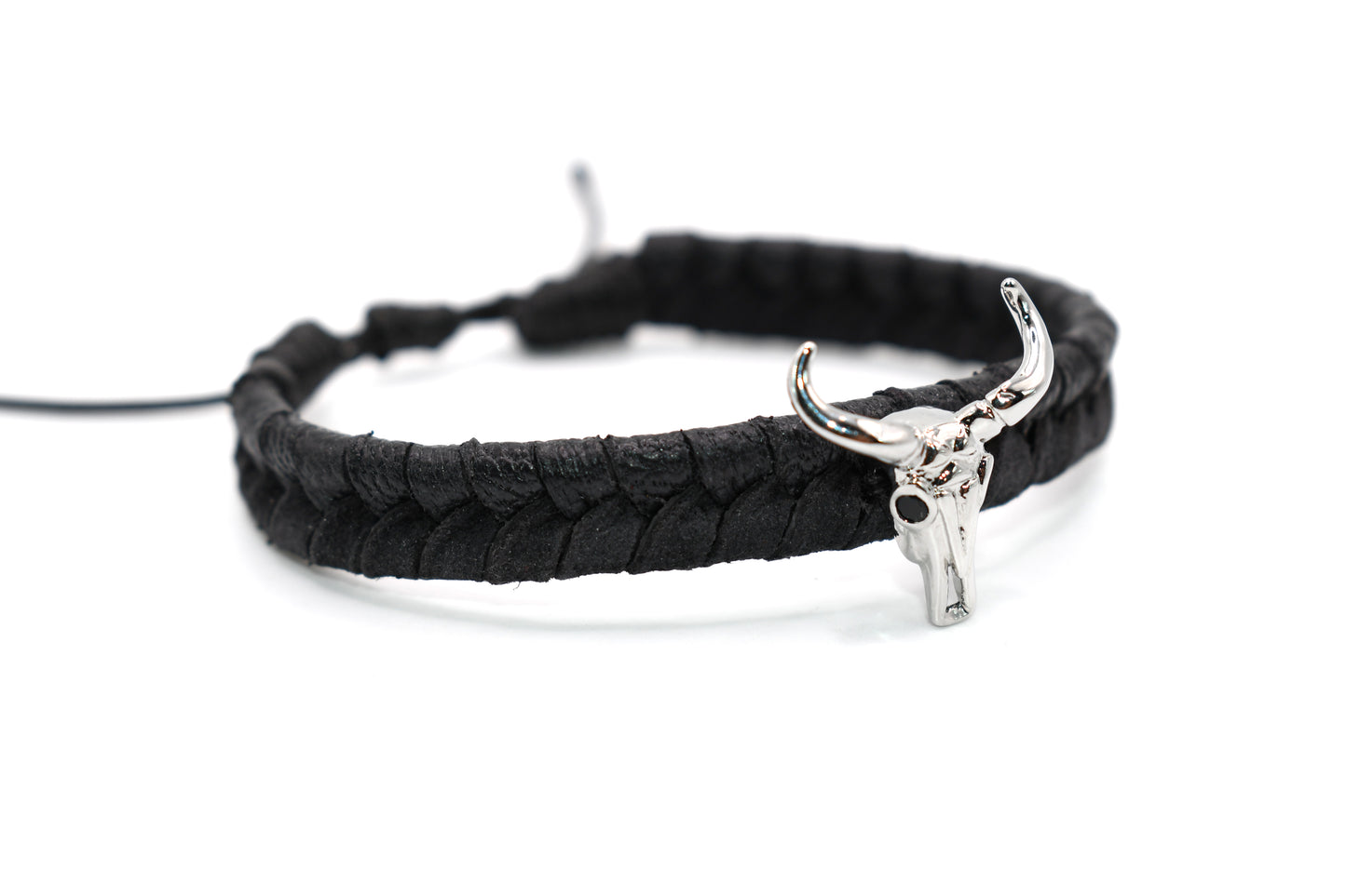 Black Genuine Leather Braided with Bison Skull Charm Adjustable Bracelet