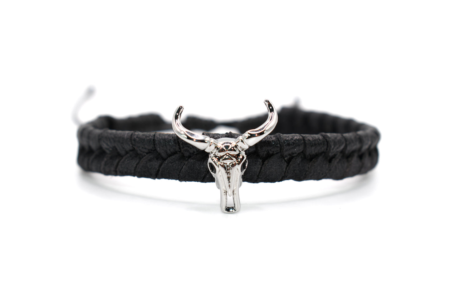 Black Genuine Leather Braided with Bison Skull Charm Adjustable Bracelet